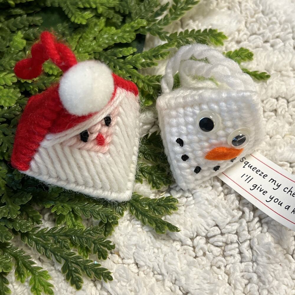Set of 2 Vintage Plastic Canvas Kiss Ornaments Santa Claus & Snowman Christmas
